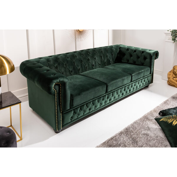 Sofa Chesterfield 3 osobowa zielona welurowa