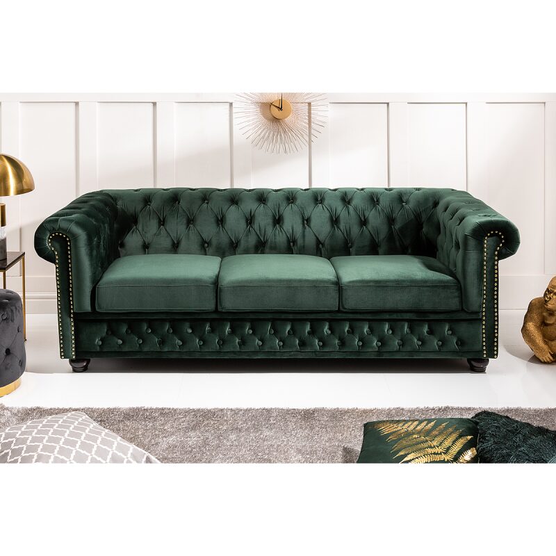 Sofa Chesterfield 3 osobowa zielona welurowa - obrazek 3