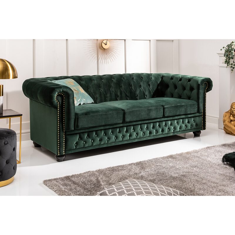 Sofa Chesterfield 3 osobowa zielona welurowa