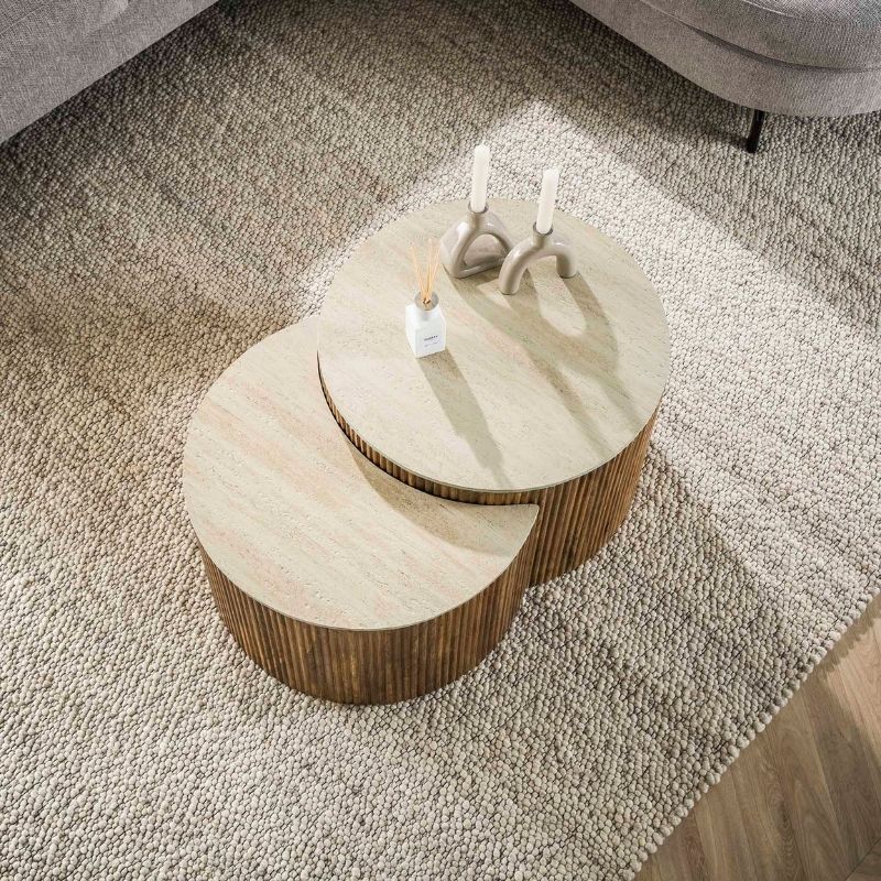 Stolik kawowy 2 szt pół okrągły Nuovo trawertyn