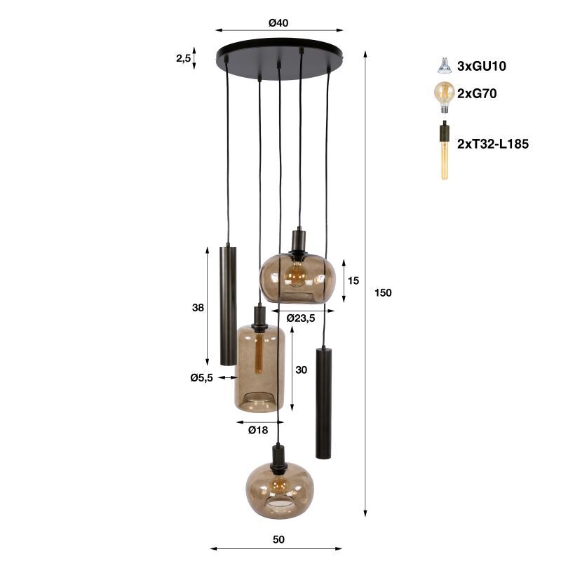 Wielopoziomowa lampa wisząca Serene brązowa 5L na okrągłej podsufitce